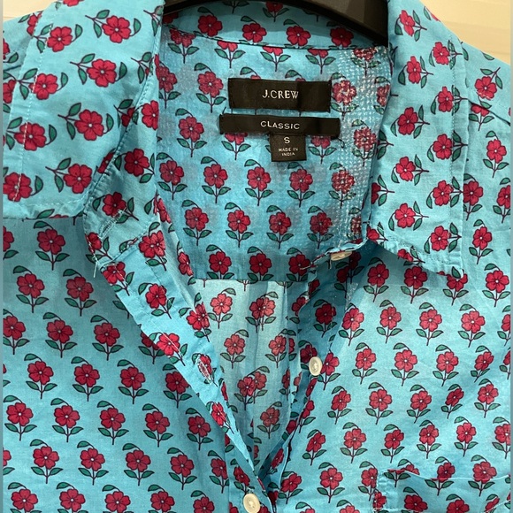 J crew popover block print blue and pink top long sleeve  S - Picture 2 of 4